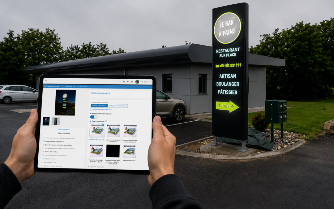 Prévisualisation sur tablette du calculateur Freshprocess Totem Lumineux lors d'une pose de totem sur site client