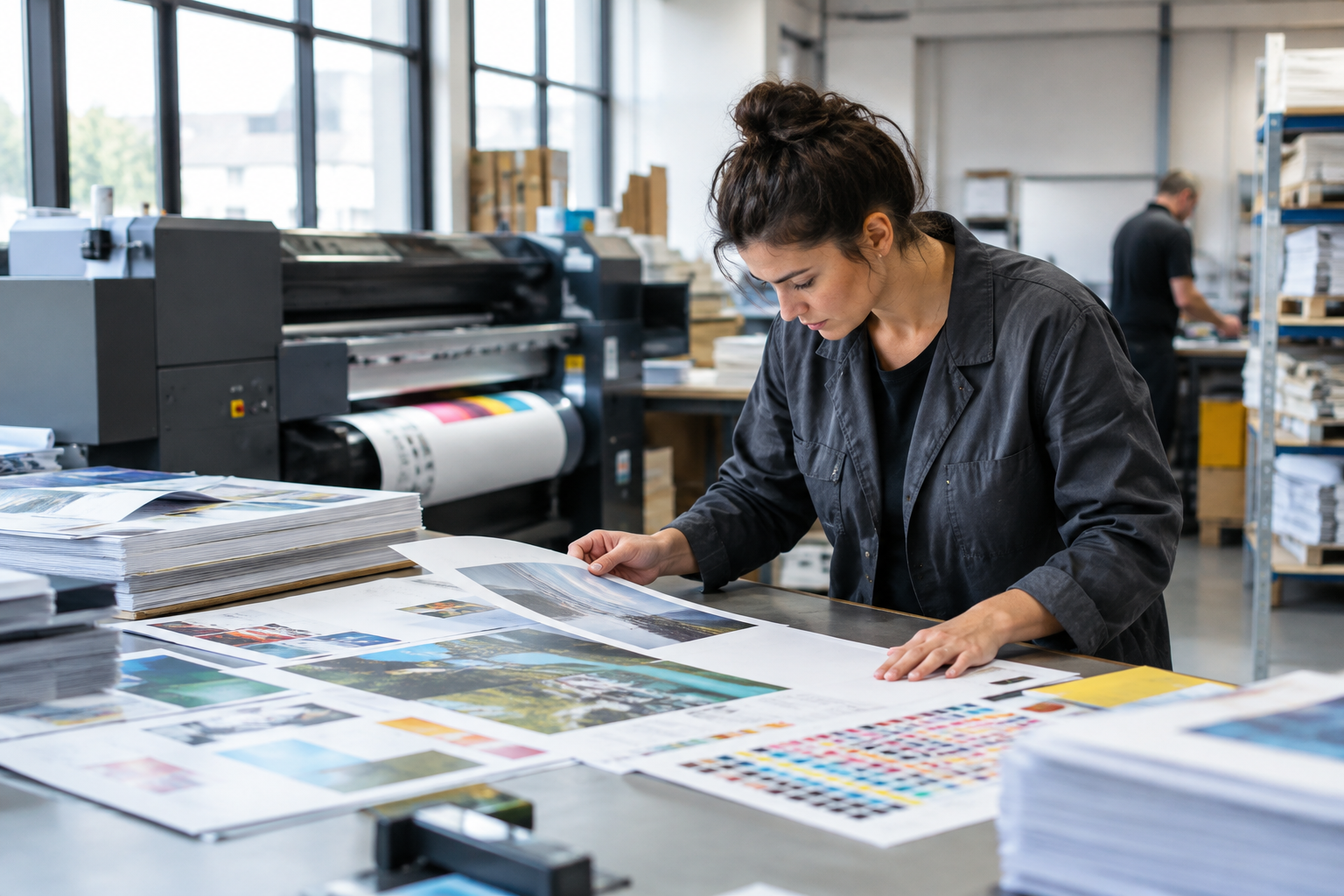 Une femme examine de grandes feuilles imprimées sur une table couverte d’images et d’un nuancier, avec une imprimante grand format et une autre personne en arrière-plan.