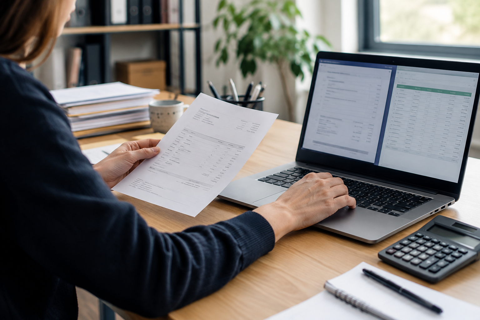 Une personne tient un document imprimé devant un ordinateur portable affichant deux tableaux, sur un bureau avec une calculatrice, un carnet et des dossiers.