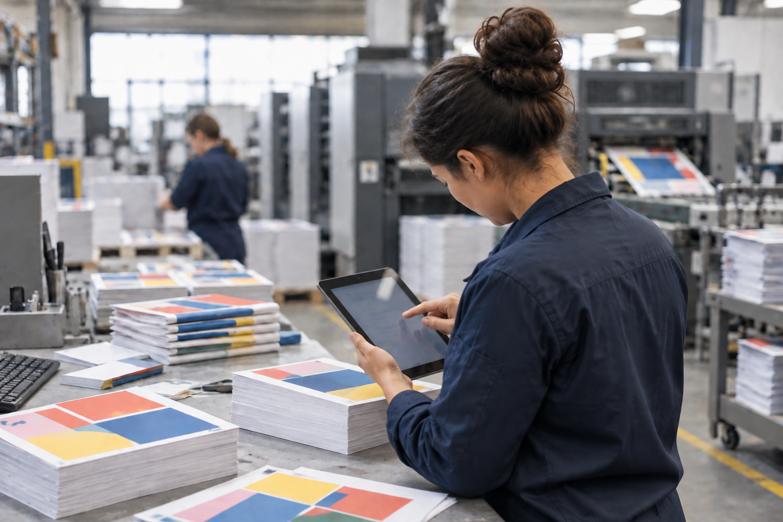 Une personne en tenue sombre utilise une tablette devant des piles de feuilles imprimées aux motifs colorés, dans un atelier équipé de machines d’impression.